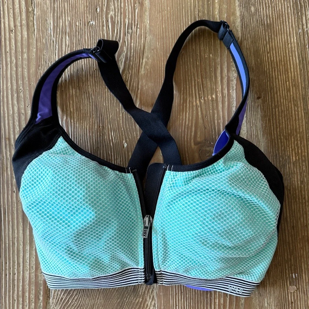 VSX Victoria Secret knockout front close Aqua and Black Sports Bra
